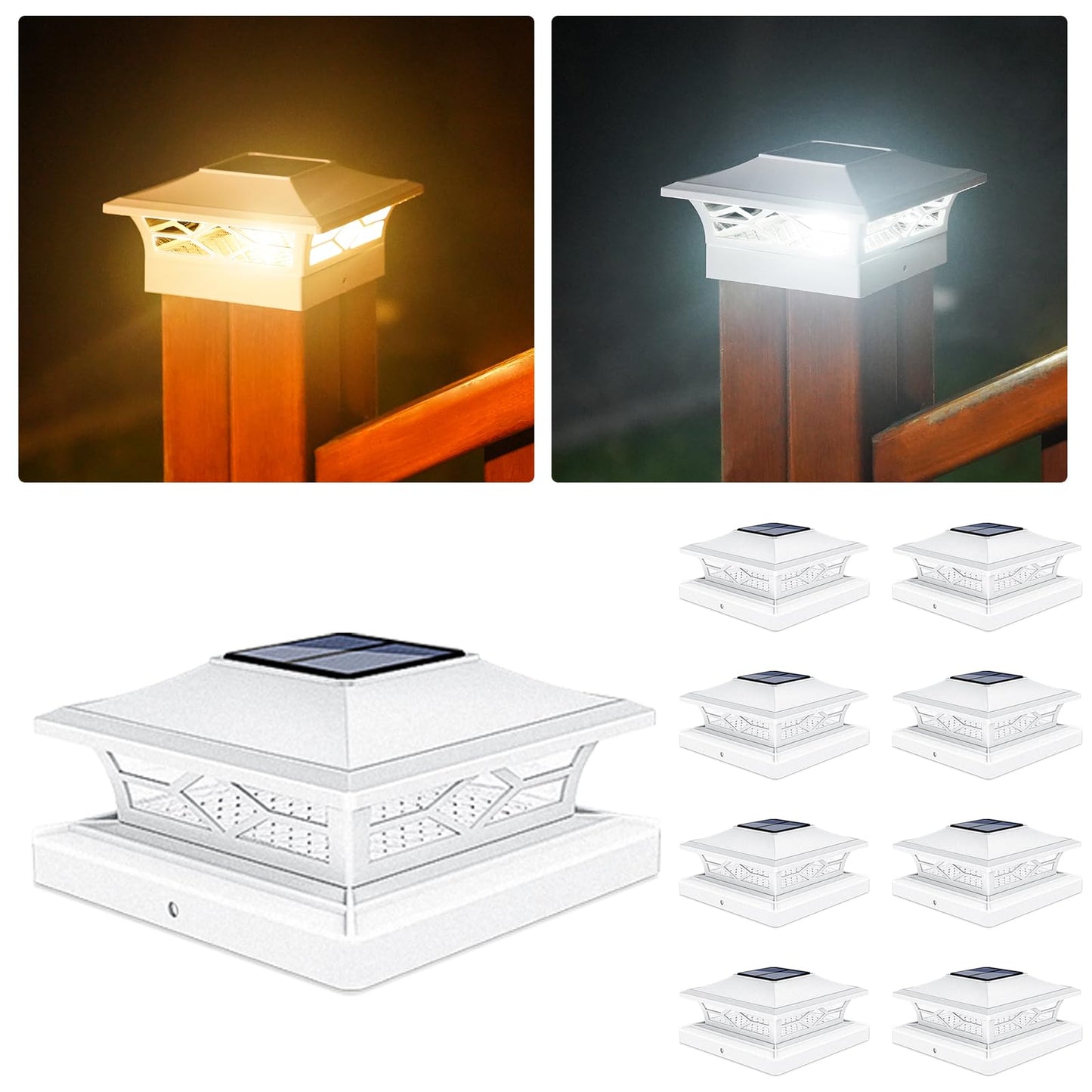 VOLISUN Solar Post Cap Lights - 8 Pack, Waterproof, Warm White/Black, Fits 4x4/6x6 Posts, Model 21179ZM