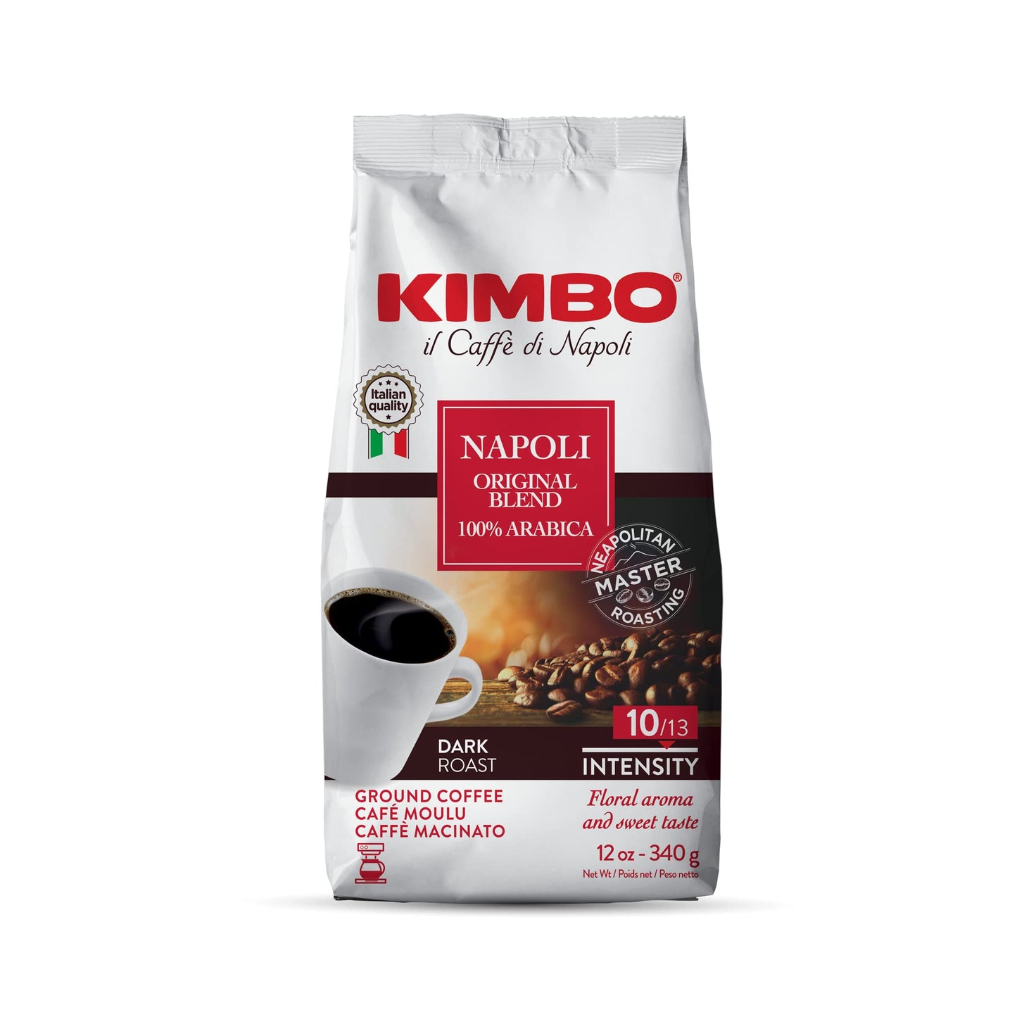 Kimbo Napoli 100% Arabica Ground Coffee - Blended and Roasted in Italy - A Dark Roast with a Floral and Sweet Flavor - 12 oz Bag