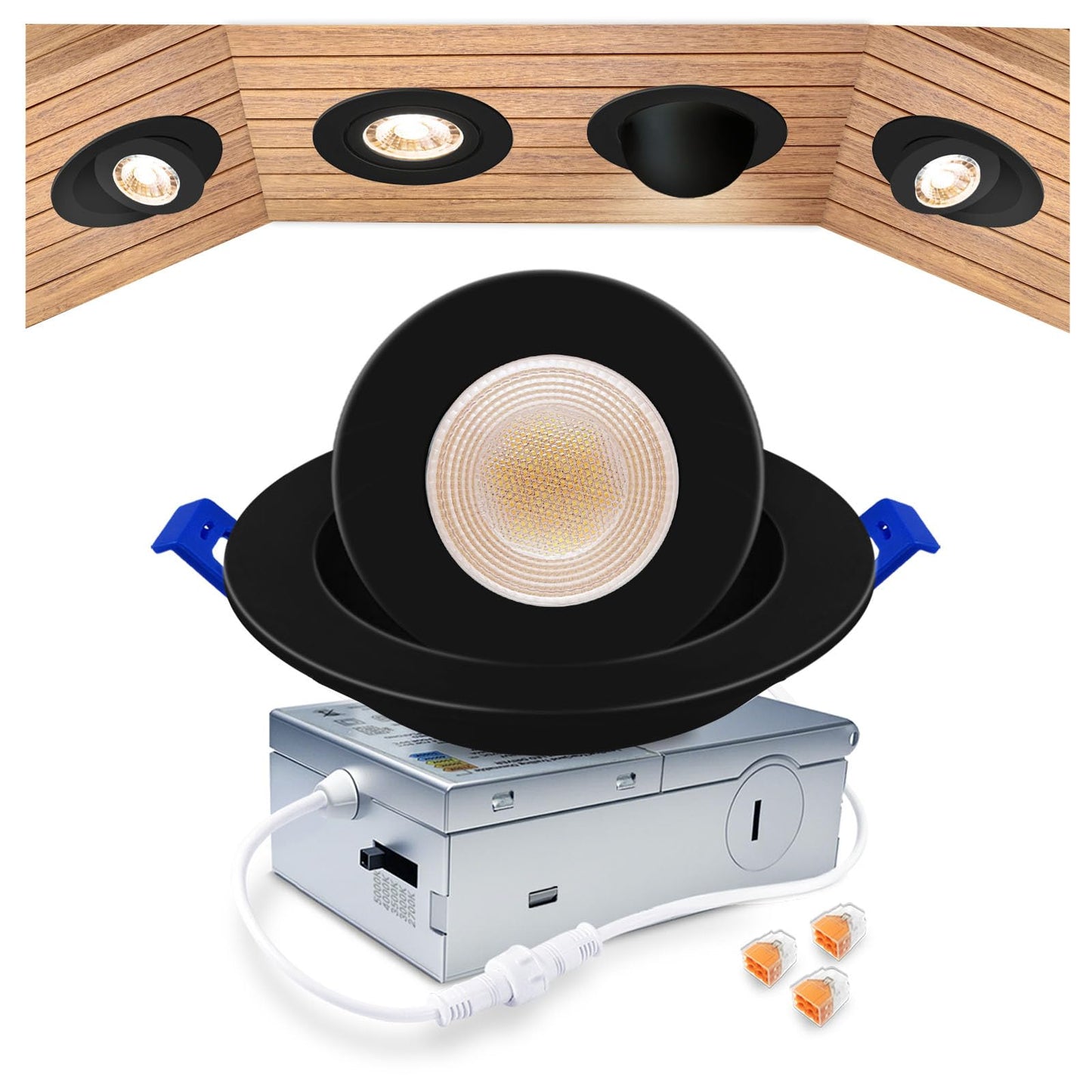 Zouzai 4 Inch 5Cct Gimbal Black Led Recessed Lights  360+90 Adjustable Directional Recessed Lighting  2700K-5000K Dimmable Retrofit Eyeball Can Lights With Jbox  Etl&Energy Star(Black 1 Pack)