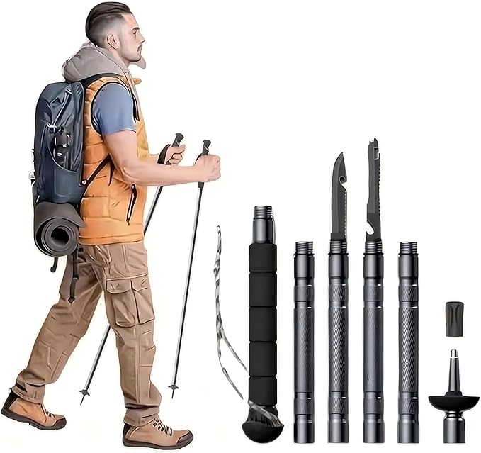 Multifunctional Tactical Hiking Stick with Compass & Canvas Bag - Adjustable Trekking Pole, Heavy Duty Aircraft Grade Alum...