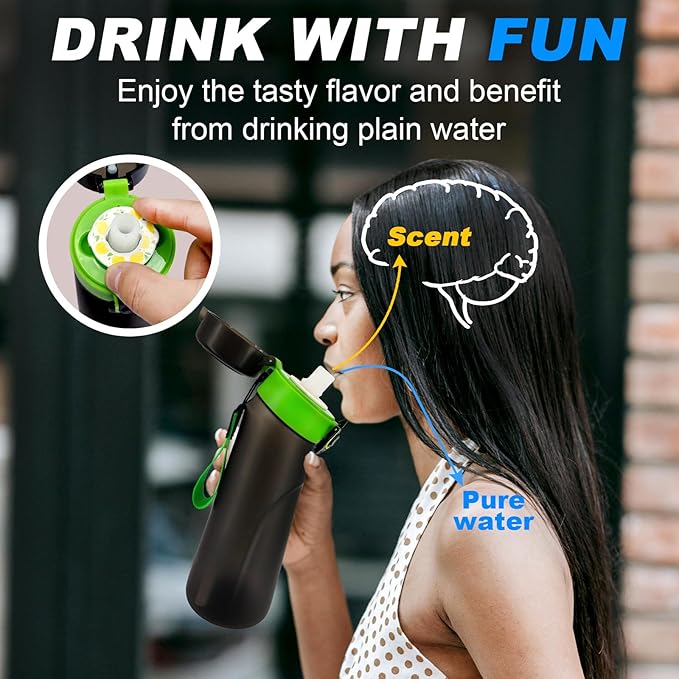 Air Water Bottle with Flavor Pods, 25 OZ Tritan Sports Water Bottle with Straw, Scented Water Bottle with Handle (Black Green+5 Flavor Pods)