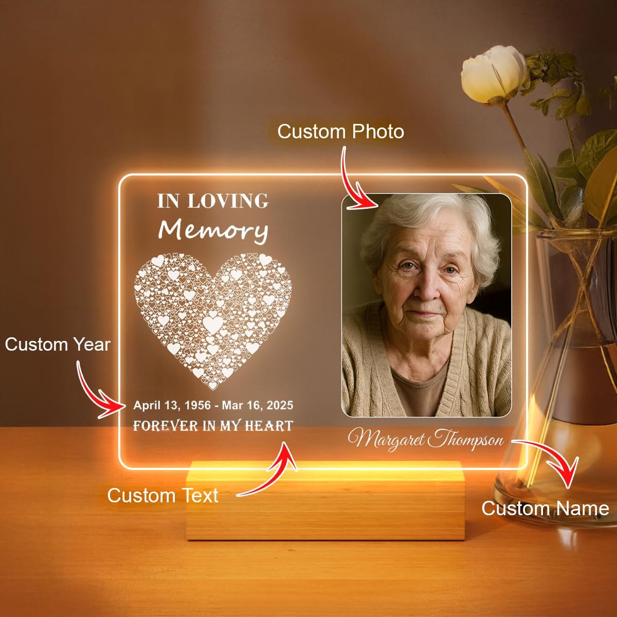 Personalized Memorial Picture Frame Night Light Lamp, Sympathy Gift for Loss of Loved One, in Memory of Dad, Mom, Husband, Sister, Friend, Funeral Mourning Ideas