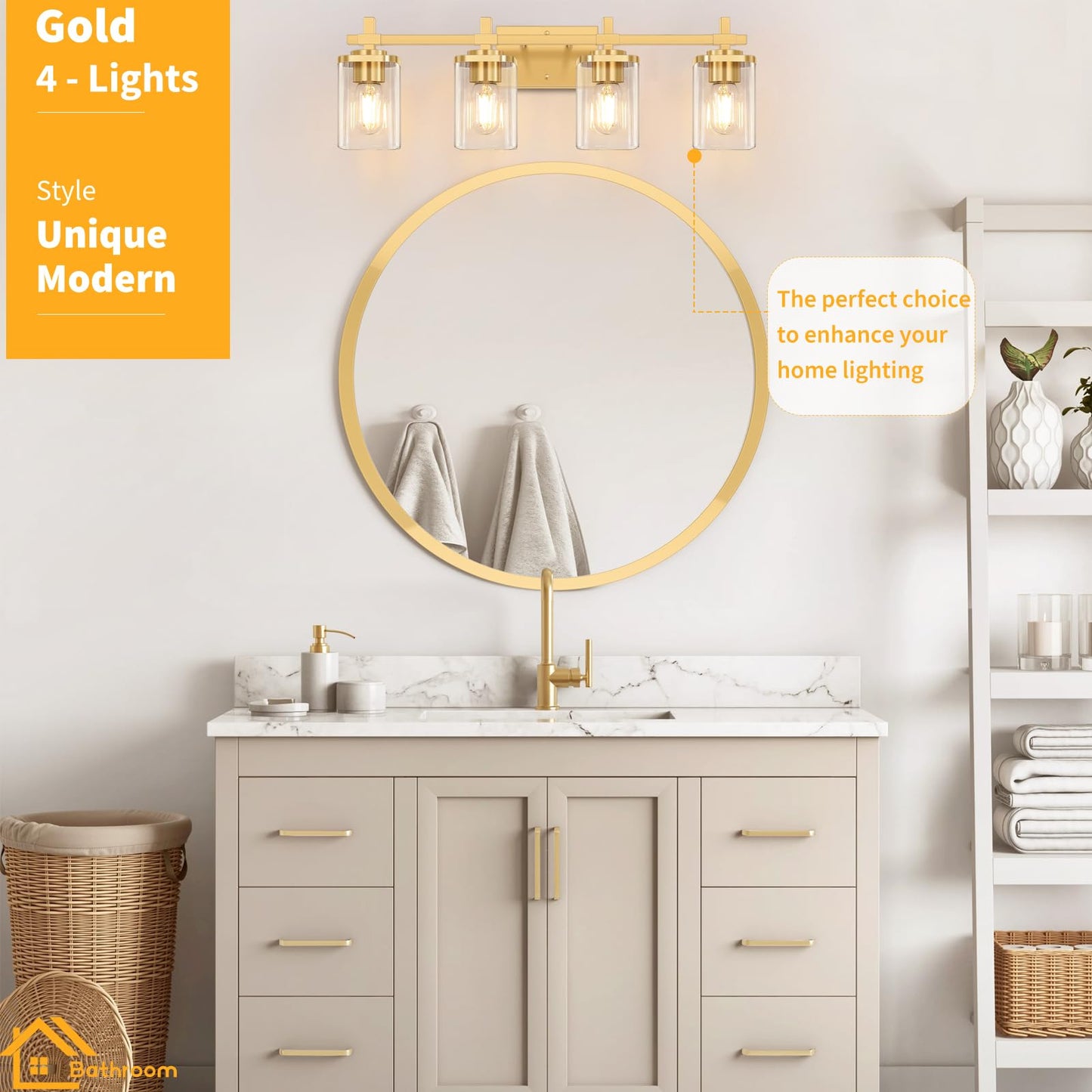 Spiglamm 4-Lights Bathroom Vanity Light, Brushed Gold, Glass Shades, Model BG-Wall-4