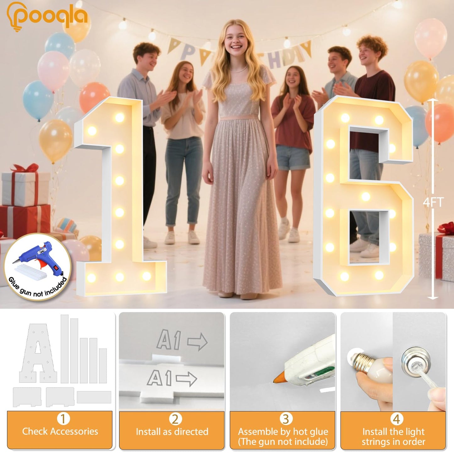 Pooqla 4 FT Light Up Marquee Numbers, Cool White and Warm White LED Large Lighted Marquee Numbers, Giant Mosaic Light Up Numbers for Balloons 9th 19th 90th Birthday Party Decoration, LED Number 9