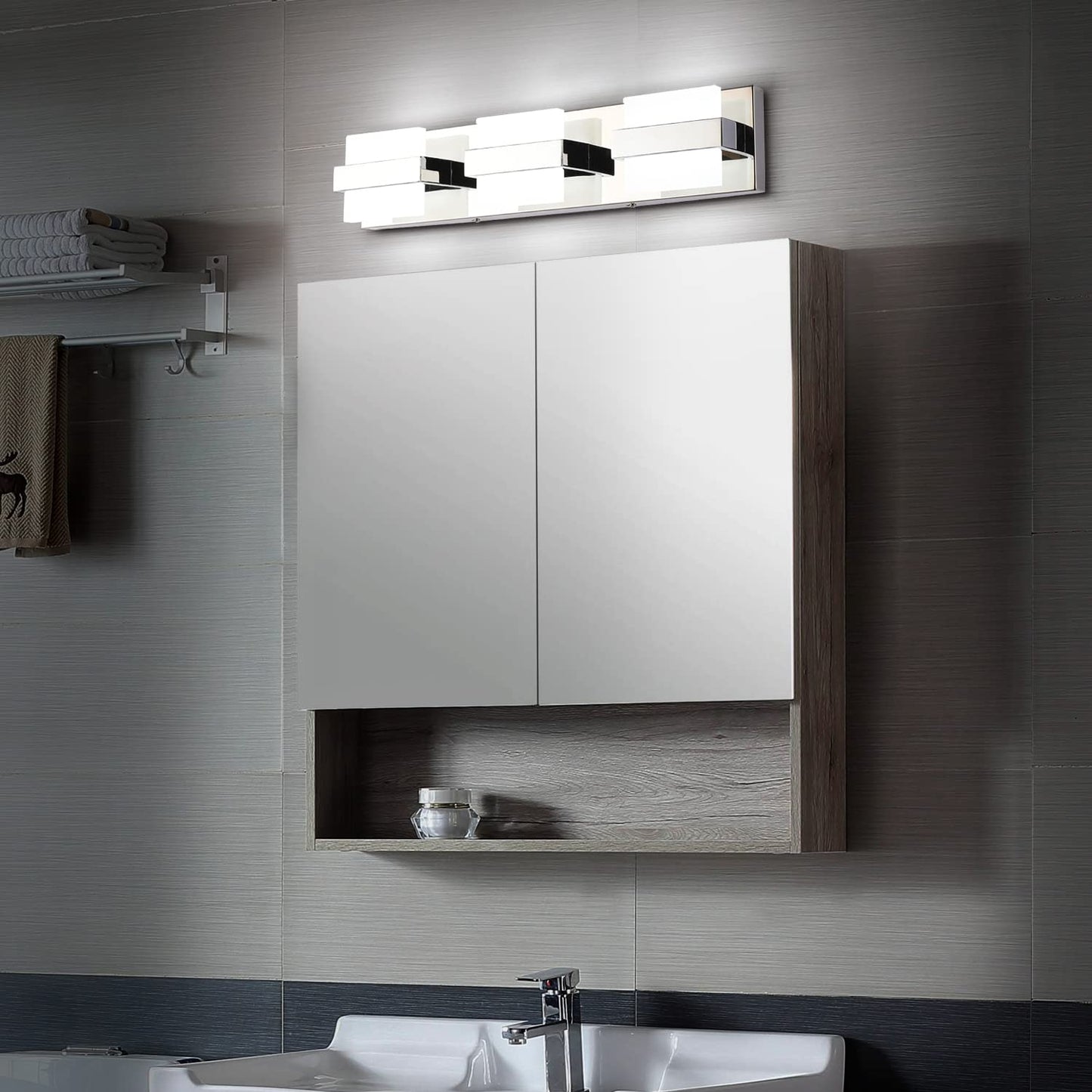 SOLFART LED Bathroom Vanity Light Fixtures, 3 Lights, Chrome, Acrylic Shade, White Light 6000K, Model 7248-3T-WHL-ND