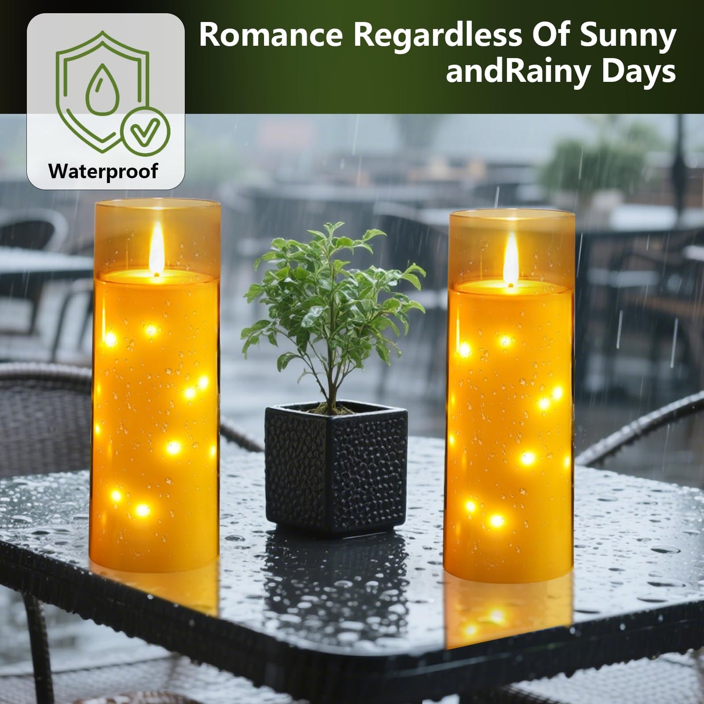 kakoya 11" x 4" Large Outdoor Waterproof Flameless LED Candles with Remote and Timer,Acrylic Pillar Candles Battery Operated with Embedded Star String for Porch,Patio,Outdoor Decor,Set of 2(Gold)
