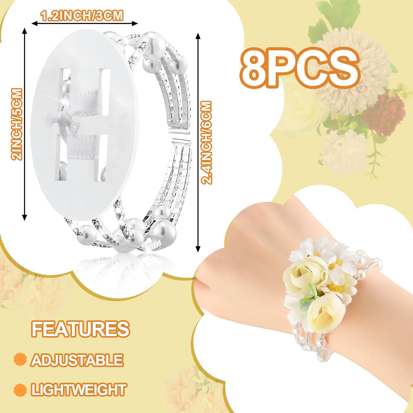Hotop 8 Pcs Corsage Wrist Bracelet Bands Bride Pearl Rhinestone Bracelet Elastic Wrist Corsage DIY Wedding Wristband Faux Pearl