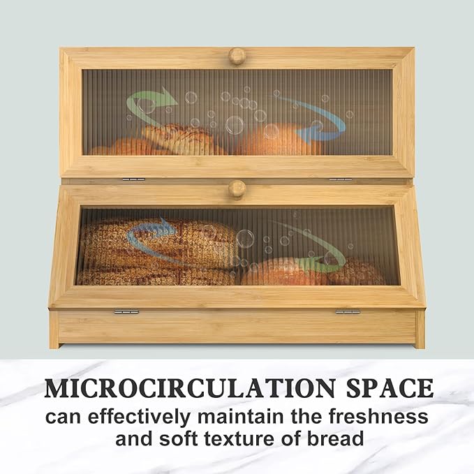 Bread Box for Kitchen Countertop: 2-Tier Bamboo Large Bread Storage Container,Wood Color