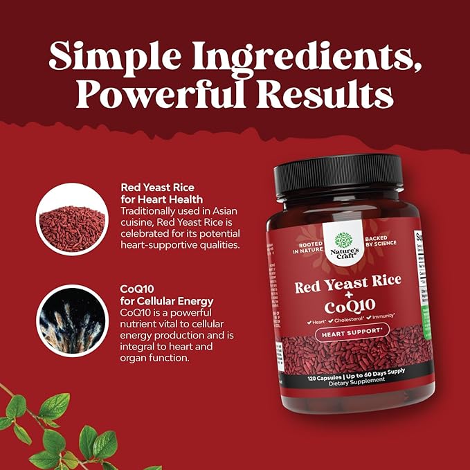 Natures Craft Red Yeast Rice with CoQ10 Supplement - Advanced Healthy Heart Formula for Men & Women - Extra Strength Capsule with 1200 mg per Serving - Vegan & Non-GMO - 120 Count