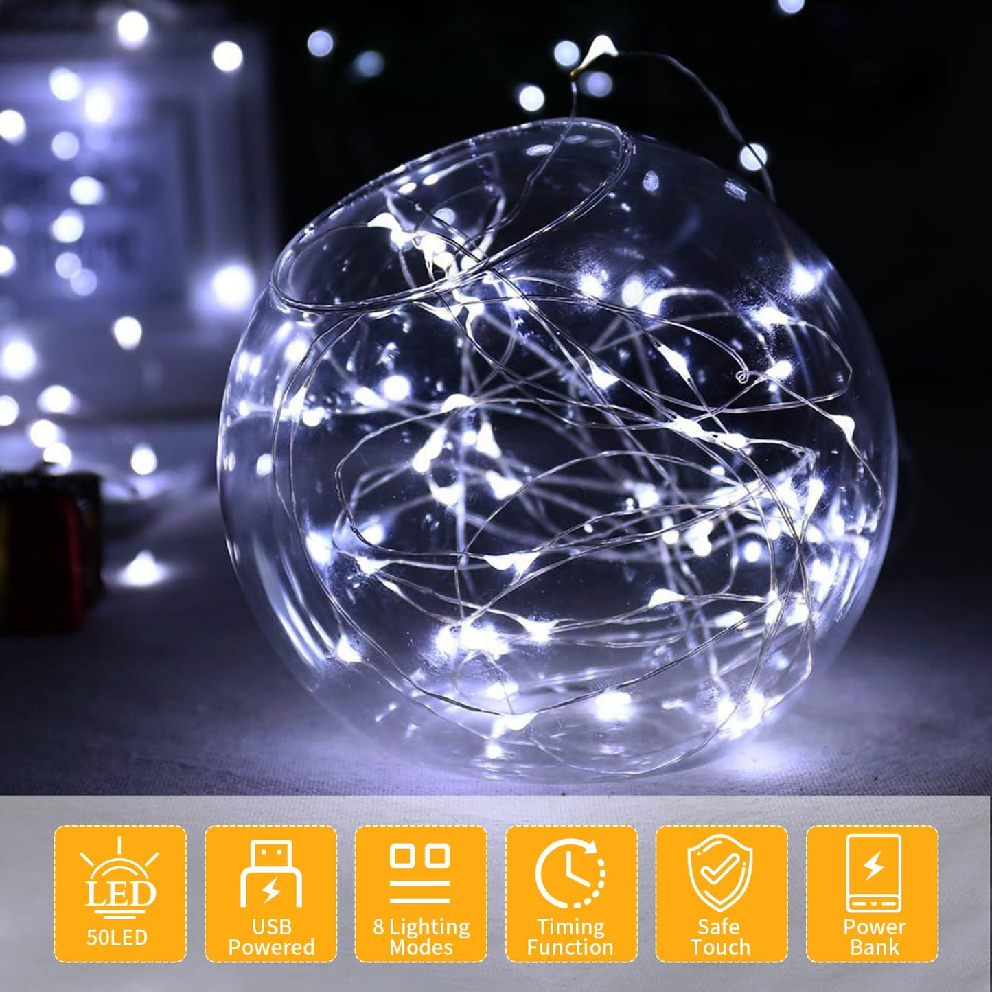 FWYWNL USB Fairy Light, 16ft 50 LED, Remote Control, Waterproof, 2 Pac, White, Copper Material