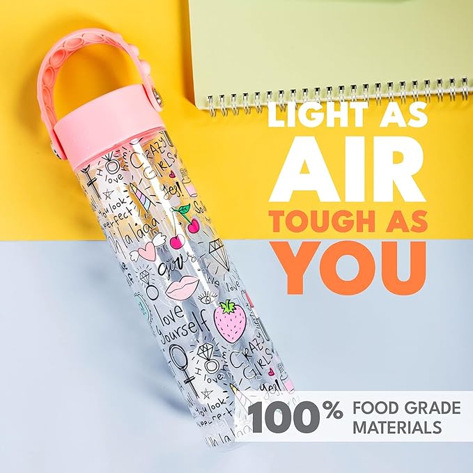 Elemental Splash Water Bottle with Straw - BPA-Free Tritan Plastic Reusable Water Bottle with Pop It Strap - Ideal for Travel, Gym and Sports - Leak Proof when Spout is Closed - 26oz - Girl Power