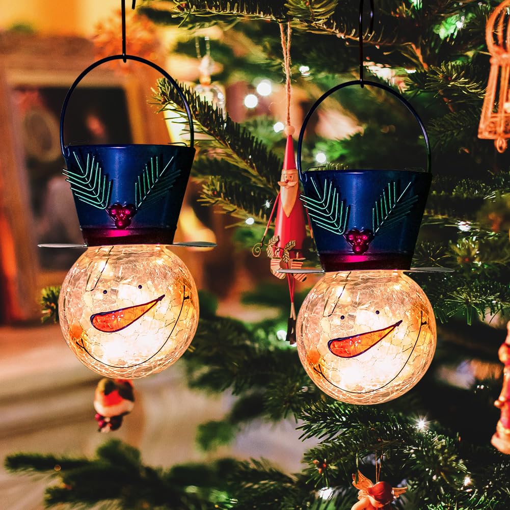 Starsoul 2 Pack Snowman Solar Lanterns  Christmas Outdoor Hanging Lantern Waterproof Decorative Snowman Lights Decor For Garden  Patio  Yard  Porch  Xmas Holiday Party Decor (Small Leaves)
