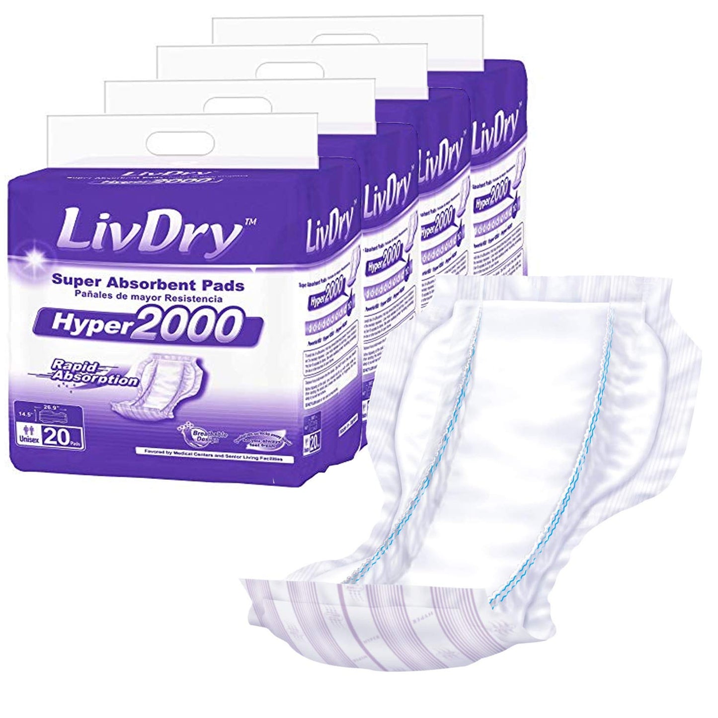 LivDry High Absorbency Pad Insert for Incontinence Briefs and Adult Diapers, Women and Men, Hyper 2000 (80 Count)