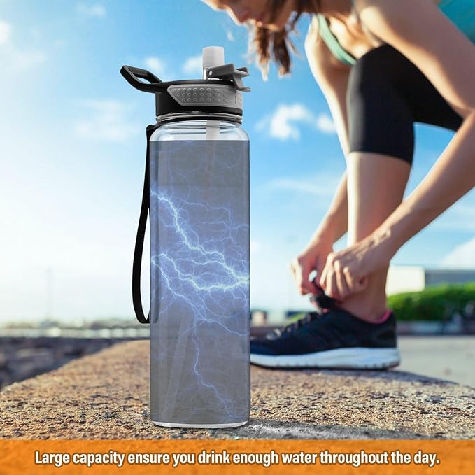 Kigai Thunder Lightning Clear Water Bottle with Straw Lid, BPA-Free Leakproof Sport Water Bottle 32oz Large Gym Water Jug for Men Women Travel Fitness Outdoor