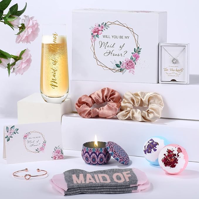 Maid Of Honor Proposal Gifts Set-Will You be My Maid Of Honor Gift Box, Wedding Engagement Gifts,Bachelorette Party Bridal Showers gifts,Maid Of Honor Bracelets, Necklaces And Socks ,Rose Spa Gifts
