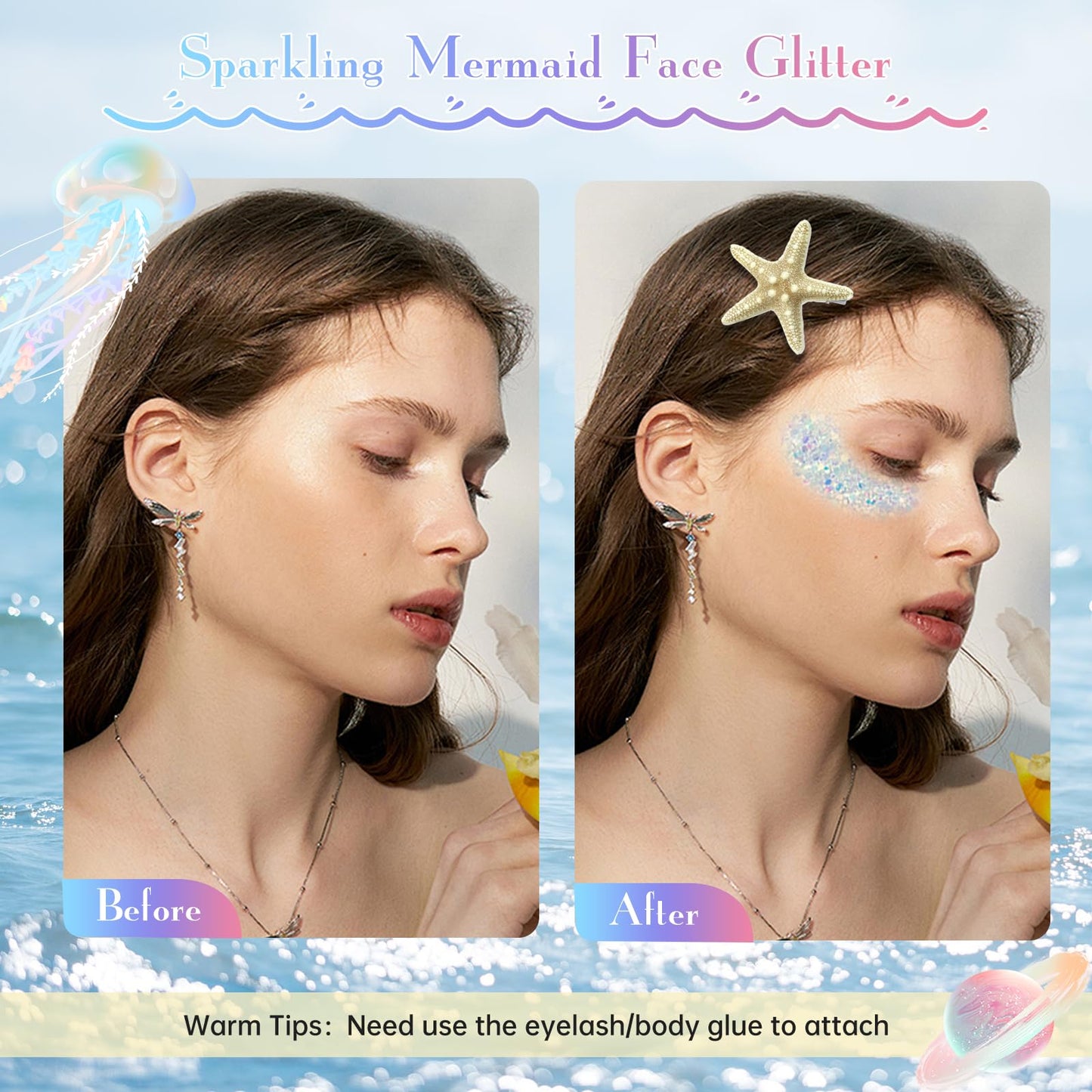 JELUTAR 6 Pcs Starfish Hair Clips Set, Mermaid Costume Accessories with Face Body Glitter and Pearl Stickers for Women, Perfect