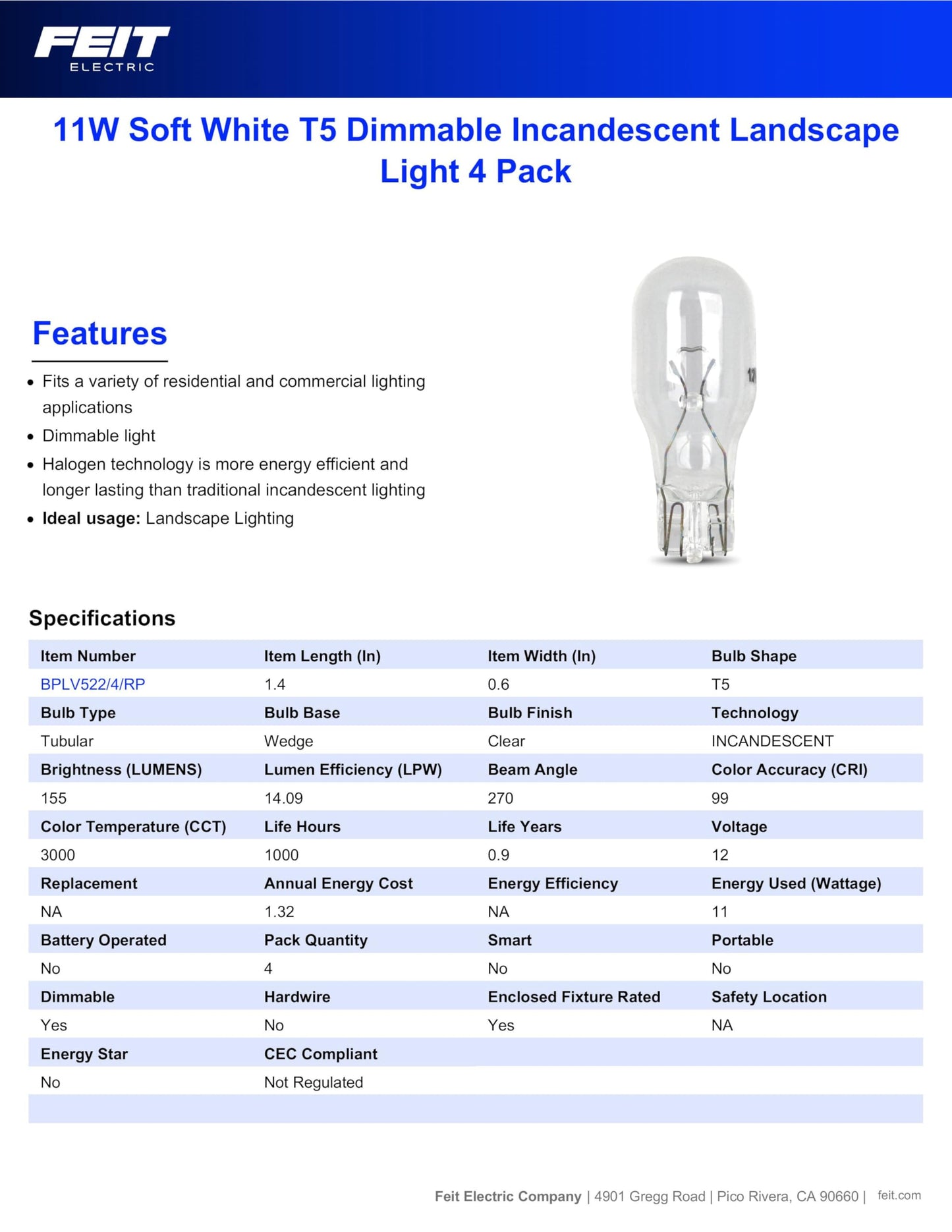 Feit Electric Bplv522/4 11-Watt Incandescent T5 Bulb  3000K Bright White (Bplv522/4/Rp)