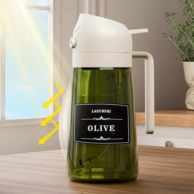 2 in 1 Oil Sprayer for Cooking 16oz, Green Light-Blocking Glass Olive Oil Dispenser Bottle, Food-Grade Oil Mister with 8 Stickers for Kitchen Salad Frying