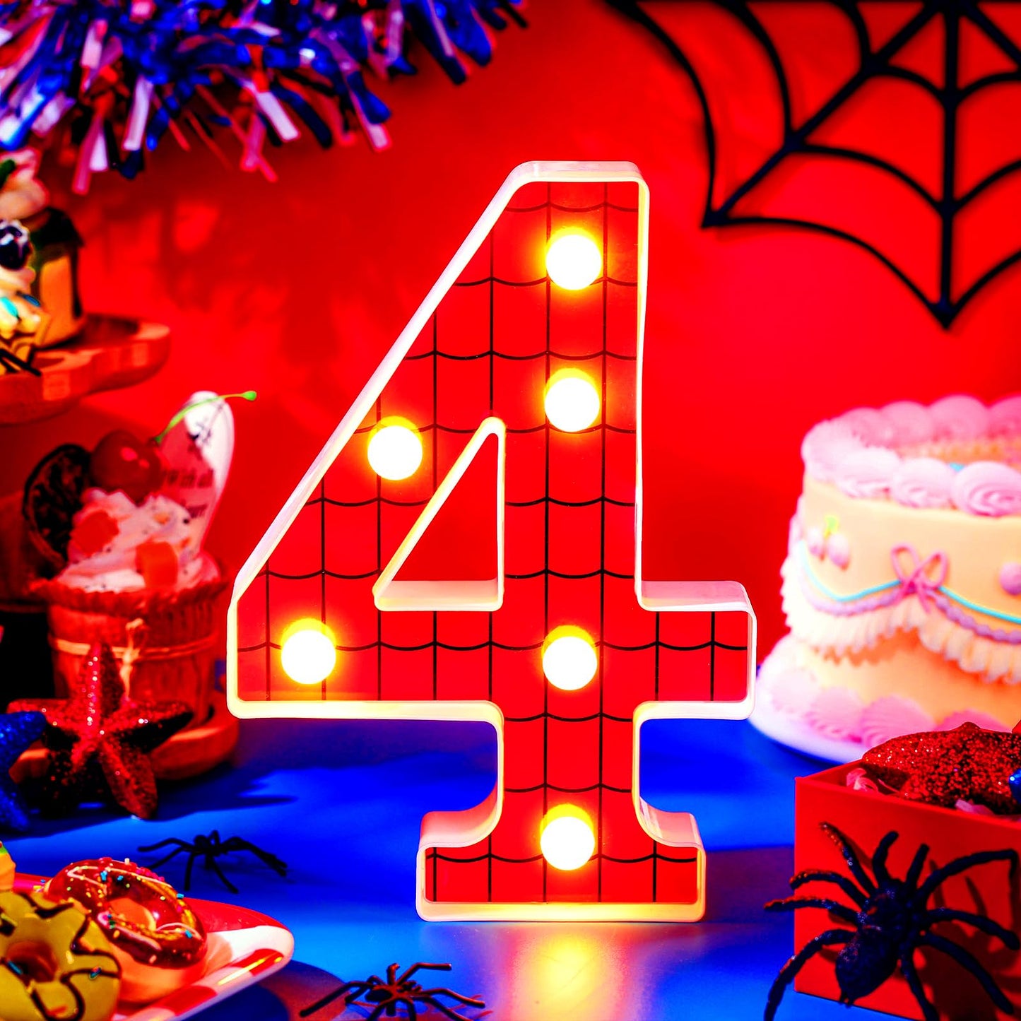 Vihose Spider Led Number Lights Spider Birthday Party Decoration Light Up Numbers Kids Boy Man Birthday Supplies For Marquee Night Christmas Gift Baby Shower(Number 4)