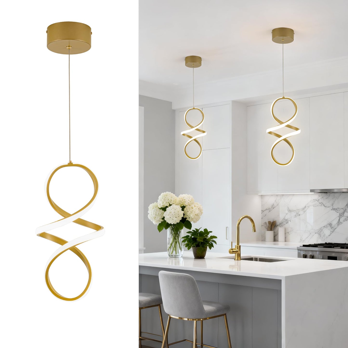 Mayna Spiral Kitchen Pendant Lighting  4000K Modern Led Pendant Light Fixture  18W Adjustable Height Island Light Fixture For Kitchen Bedroom Kitchen Island Cafe  1 Pack (Gold)