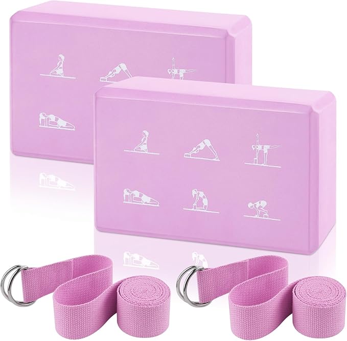 2 Yoga Block and 2 Yoga Strap Set,Non-slip EVA Foam Blocks, High Density Yoga Bricks with 6ft Strap, Supportive Latex-Free...
