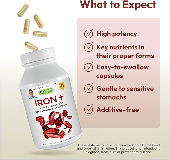 ANDREW LESSMAN Iron Plus 360 Capsules - 18mg Iron, 100% Pure Amino Acid Chelated Iron (Glycinate, Aspartate), Plus Vitamin C for Increased Absorption, Small, Easy to Swallow Capsules, No Additives