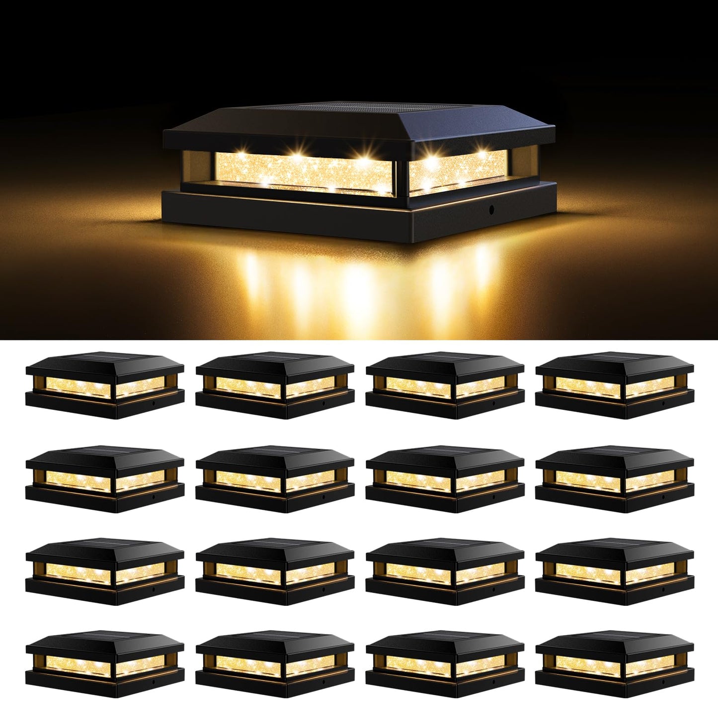 Solar Post Cap Lights Outdoor 16 Packs For 4X4 4.5X4.5 5X5 Vinyl/Wooden Posts  Waterproof Solar Powered Fence Cap Light With Warm/Cool Lighting  Black 16Leds Deck Caps Lights For Yard  Garden  Patio