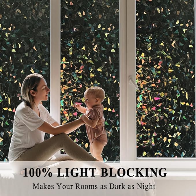 100% Light Blocking Privacy Window Film Blackout 3D Prism Sliding Glass Door Tint Room Darkening Rainbow Static Cling Heat Control Anti UV Removable Cover Decal Contact Paper Home Office,35x78.7in.
