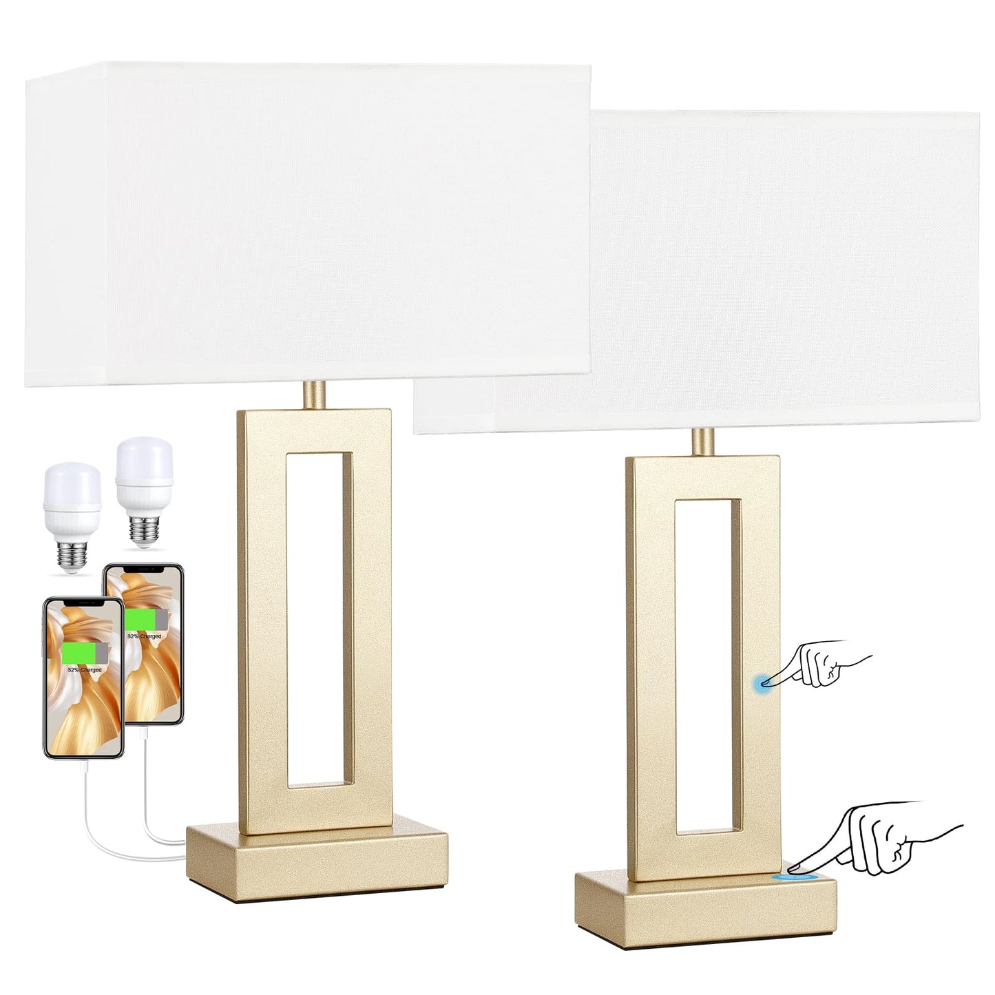 Seealle Nightstand Table Lamps Set of 2, Touch Control, USB C+A, 3-Way Dimmable, Medium, White&Gold, Model: jinshumian1 16