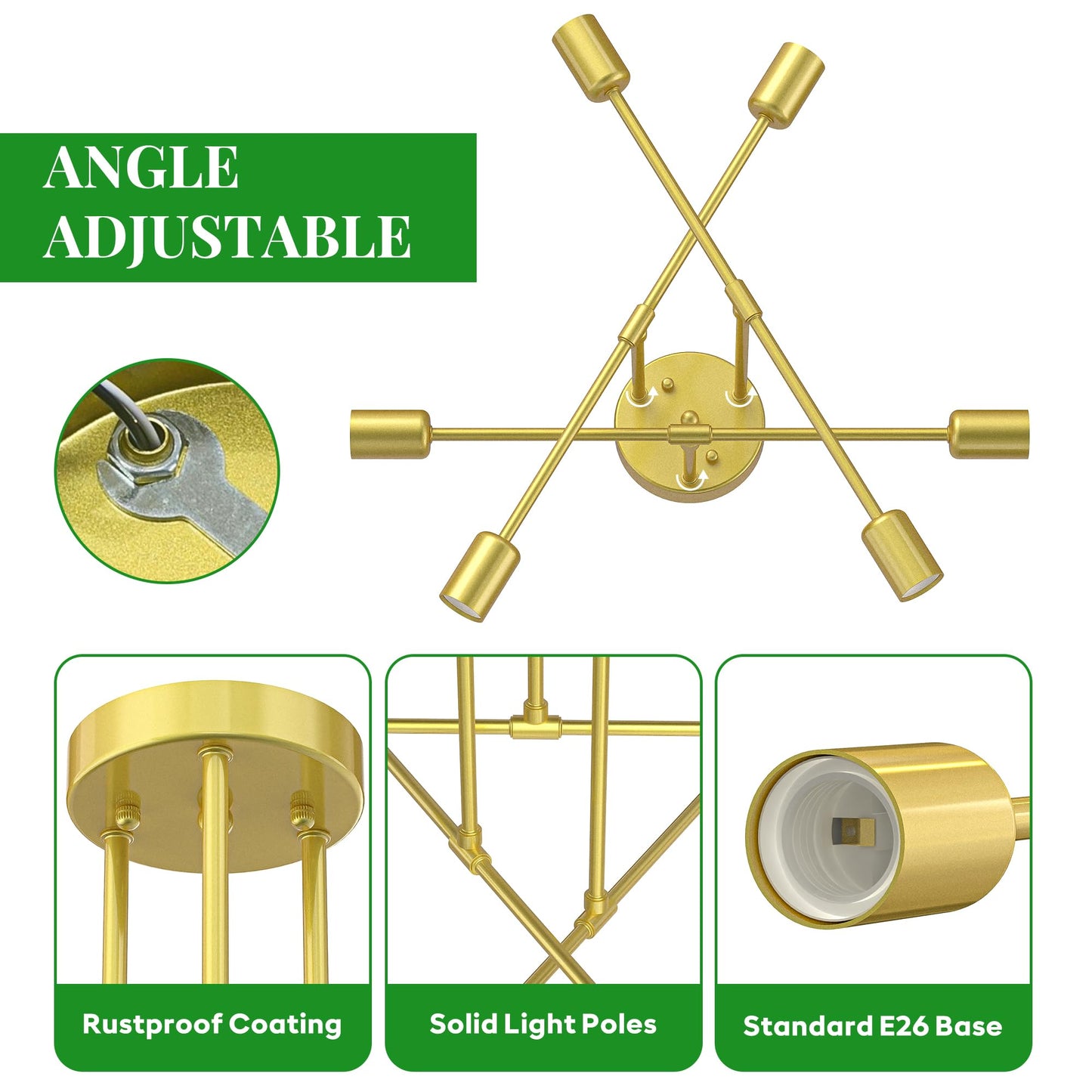 Phaosio Modern Sputnik Chandelier  6-Light 22  Semi Flush Mount Ceiling Light Fixture With E26 Base  Mid Century Industrial Lighting For Bedroom  Dining Room  Living Room-Sparkling Gold