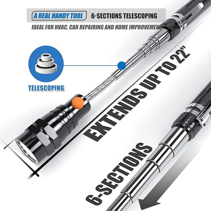 VIBELITE Extendable Magnetic Flashlight with Telescoping Magnet Pickup Tool-Cool Gadget Christmas Gifts Stocking Stuffers for Men, Teen Boys, Dad, Father, Mechanic, Boyfriend, Women, Black, 2 Pack