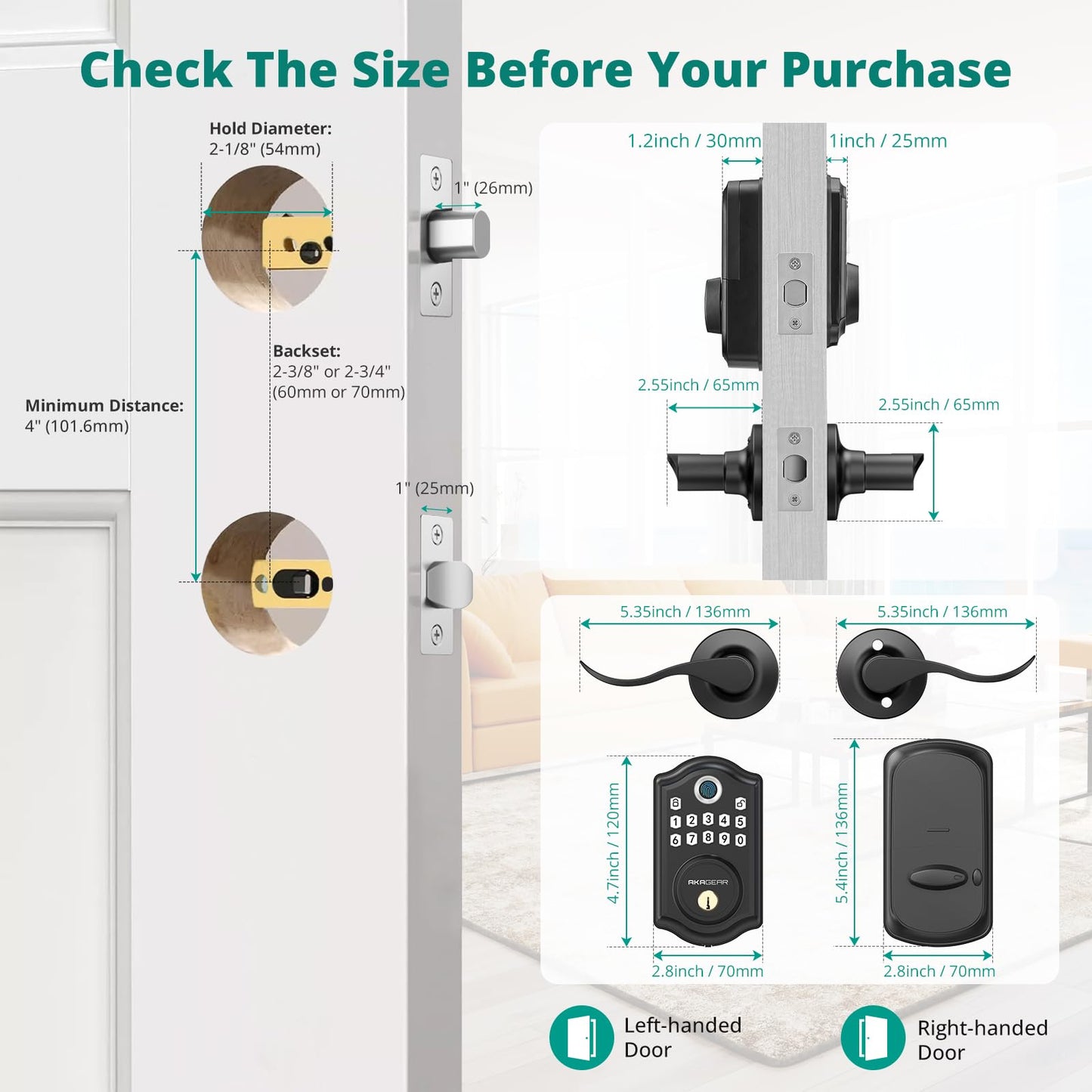 AkaGear DS10 Pro Keyless Entry Door Lock with Handle - 2 Lever Handles, Bluetooth APP Control, Fingerprint Door Locks, Electronic Keypad Deadbolt Lock, Smart Doors Lock, Auto-Lock, Matte Black
