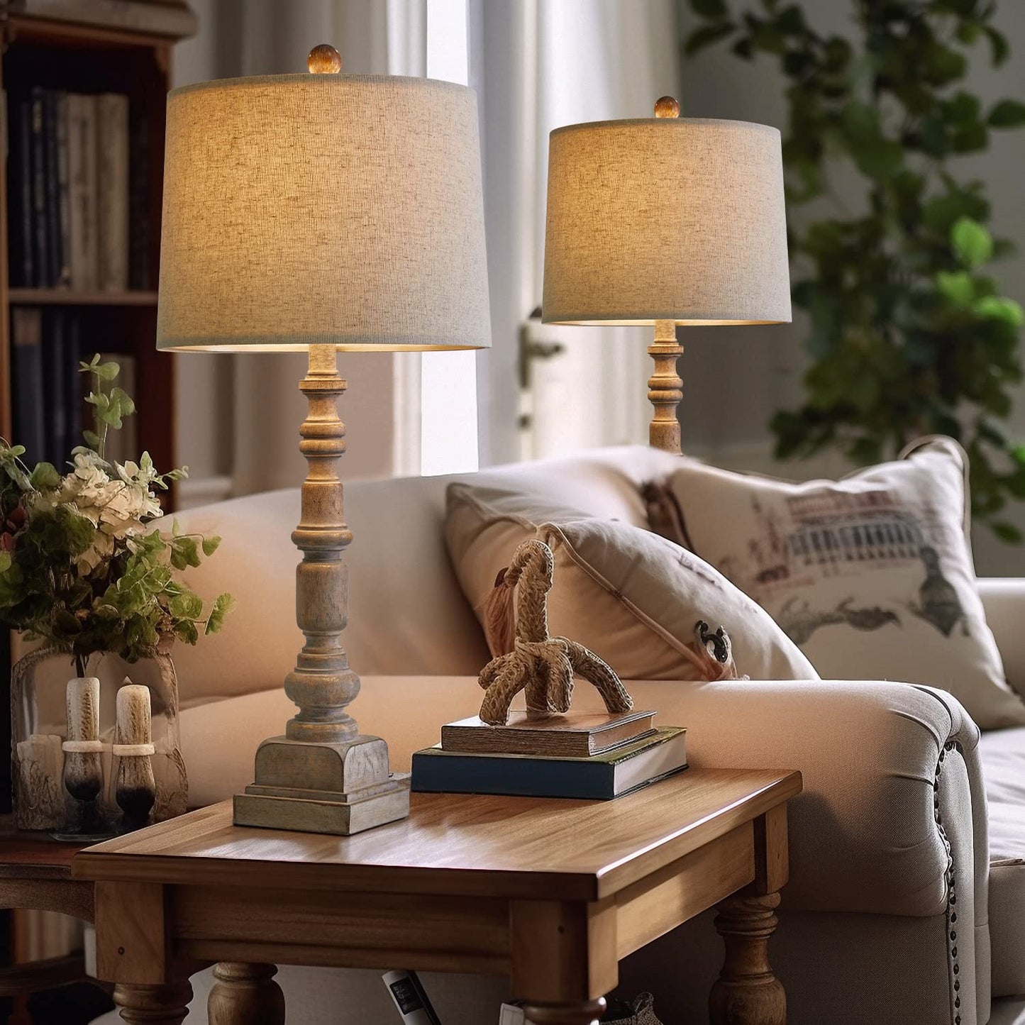 Oneach USB Table Lamps Set of 2, Vintage Farmhouse Resin, 27.75in, Antique Wood, Model AMZ-T336USB-WW