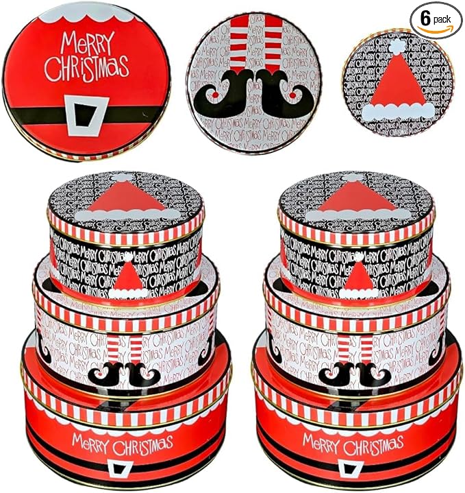 Pack of 6 Round Christmas Cookie Tins with Lids for Gift Giving, Metal Holiday Storage Container, Merry Christmas HAT ELF Design, Perfect Christmas Tins for Gifting