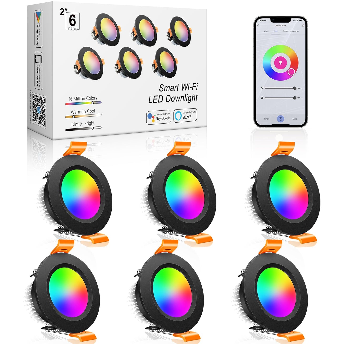 Inshareplus 2 Inch Smart Recessed Lighting  6 Pack Wifi Black Led Downlight 5W 120V  Dimmable Rgbcw 2700-6500K Color Changing  Compatible With Alexa/Google  Ceiling Lights With Led Driver