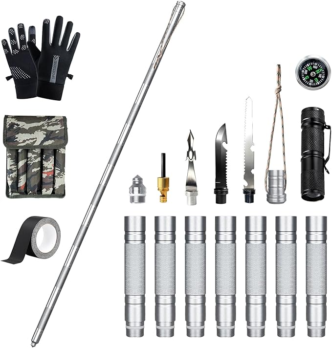 15-in-1 Tactical Walking Stick with Spear & Knife & Flashlight & Thermal Gloves & Anti-Slip Tape, Multitool Survival Hikin...