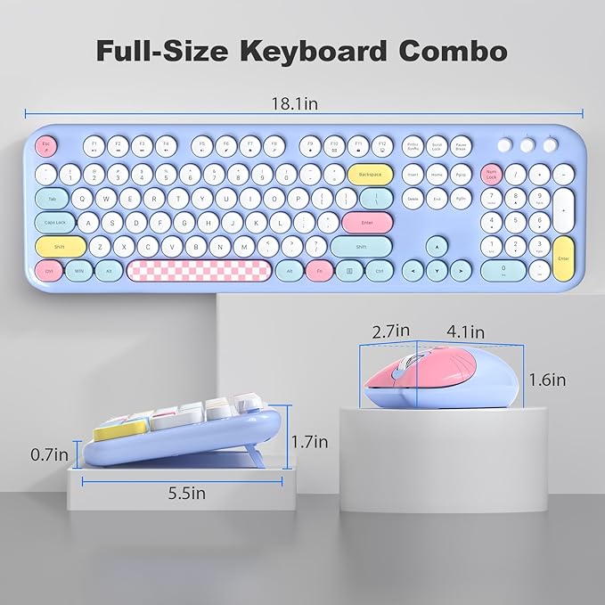 MOFII Wireless Keyboard and Mouse Combo - 2.4GHz Full-Size Retro Typewriter Keyboard with Round Keys, 3 Level Adjustable Optical Mouse, Plug & Play - Compatible with PC/Laptop/Desktop - Light Blue Mix