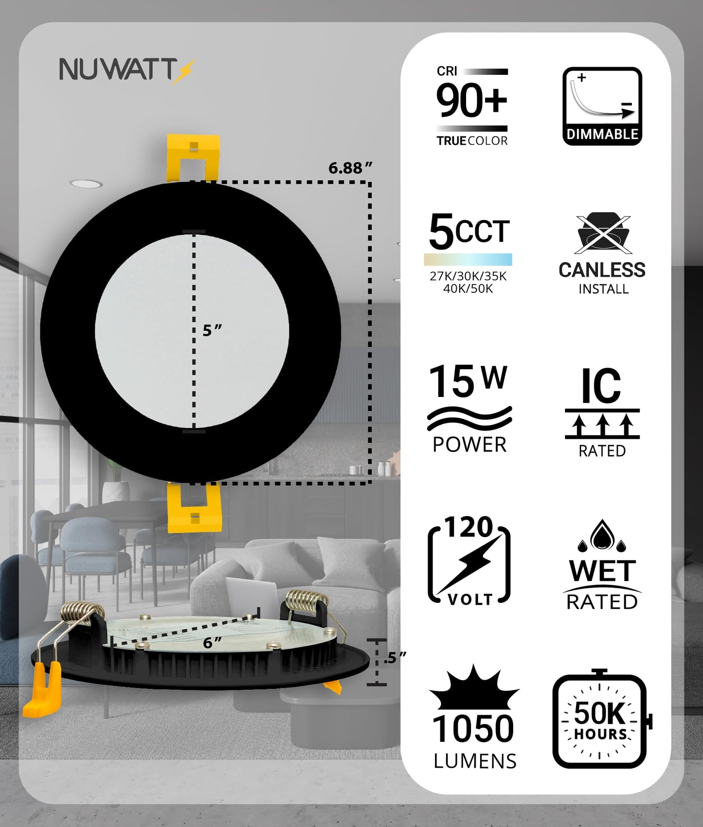 Nuwatt 12 Pack  6 Inch Ultra-Thin Black Led Recessed Lighting  5Cct 2700K/3000K/3500K/4000K/5000K Selectable  1050Lm  15W  Water Resistant  Ic Rated  Dimmable Canless Slim Wafer Light With J-Box  Etl