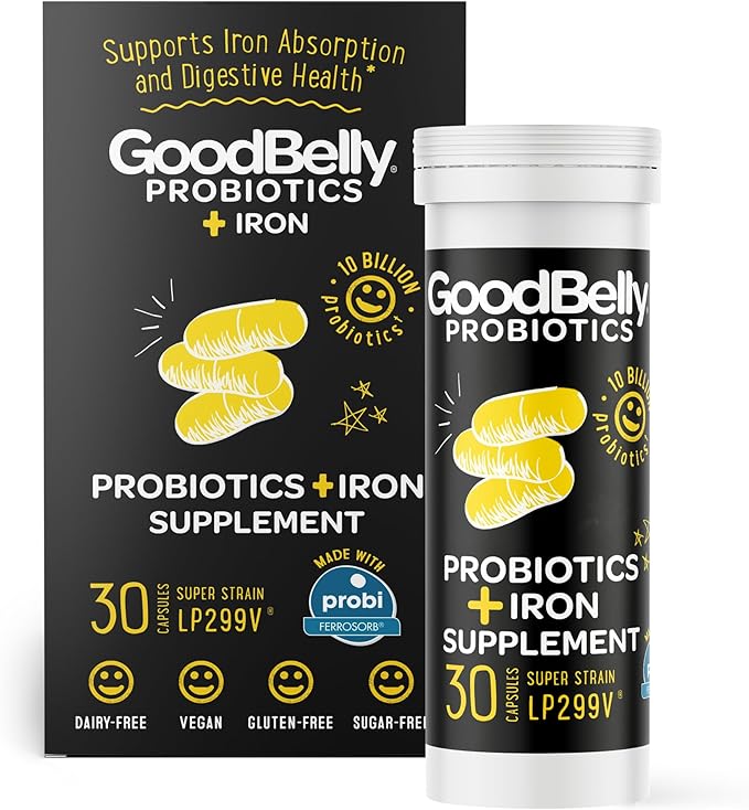 GoodBelly Probiotic Capsules for Digestive Health & Iron Absorption | Vegan Probiotic Supplement with 10 Billion Live Cultures | Probiotics for Women & Men | 30 Capsules