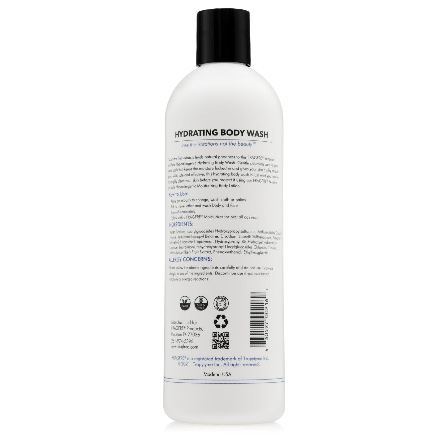 FRAGFRE Sensitive Skin Body Wash 16 oz - Paraben Free Sulfate Free Body Cleanser - Hypoallergenic for Delicate and Flaky Skins -