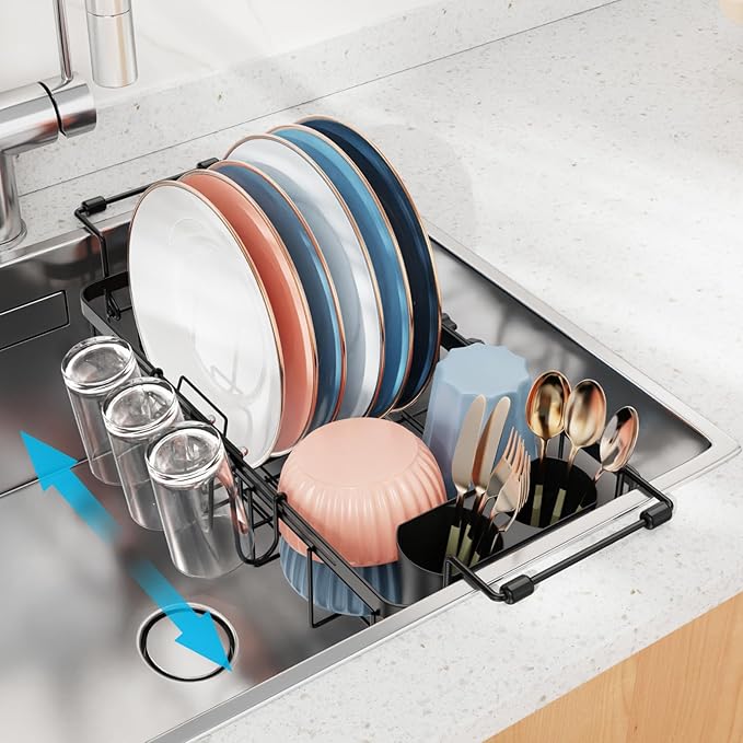 iSPECLE Small Sink Dish Drying Rack, Capacity Expandable Narrow Dish Drainer for RV Kitchen Counter with Cup Holder and Utensil Holder, Fit for 12"~18.3" Sink, Black