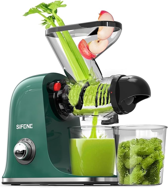 SIFENE Single Auger Masticating Juicer – Cold Press Slow Juicer for Celery, Carrots, Ginger & Fruits, Dual Feed Chute, BPA Free, Quiet Motor, Easy to Clean, Compact for Small Kitchens