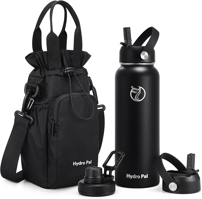 Insulated Water Bottles 32 oz with 2 Leak Proof Lids & Water Bottle Holder, Wide Mouth Sport Water Bottle with Straw, Reusable Stainless Steel Water Flask, Double Walled Vacuum Thermos