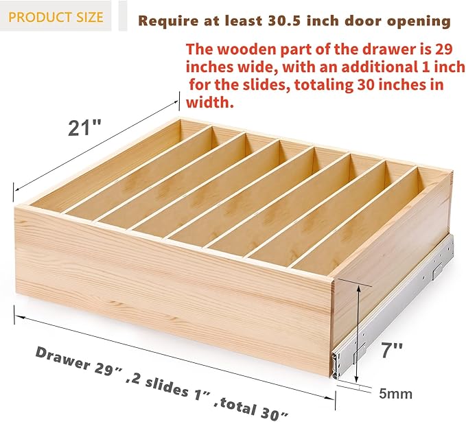 Pull Out Cabinet Organizer with Divider, 30''W×21''D×7''H Soft Close Wood Drawer for Kitchen Pantry, Finished, Heavy-Duty, Bottom Assembly (Wood Drawer Part Width is 29'')