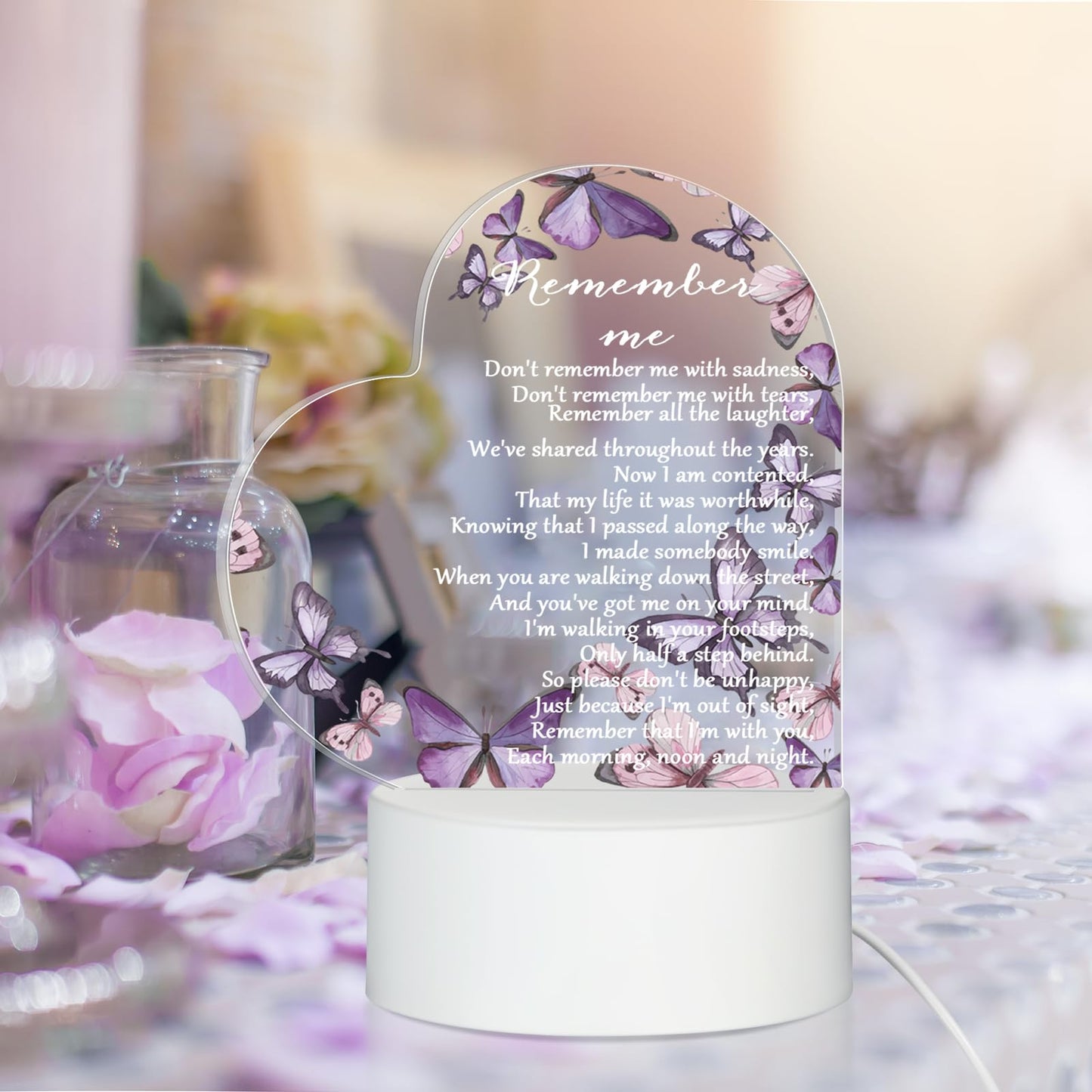 Coume Memorial Gift Night Light Clear Crystal Acrylic Heart Sympathy Gifts Sign Led Light Remembrance Bereavement Decor Condolence Present For Loss Of Loved One(Purple Butterfly Style)