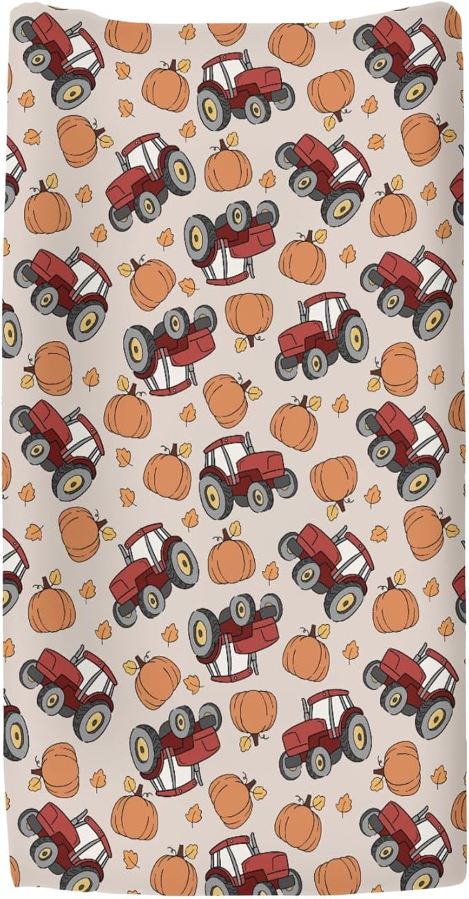 Red Tractors Pumpkins Baby Changing Pad Covers for Boy Girl Autumn Farm Trucks Harvest Fitted Change Table Mats Fall Farmhouse Vehicle Soft Diaper Changing Pad Sheets for 32''×16'' Contoured Pad
