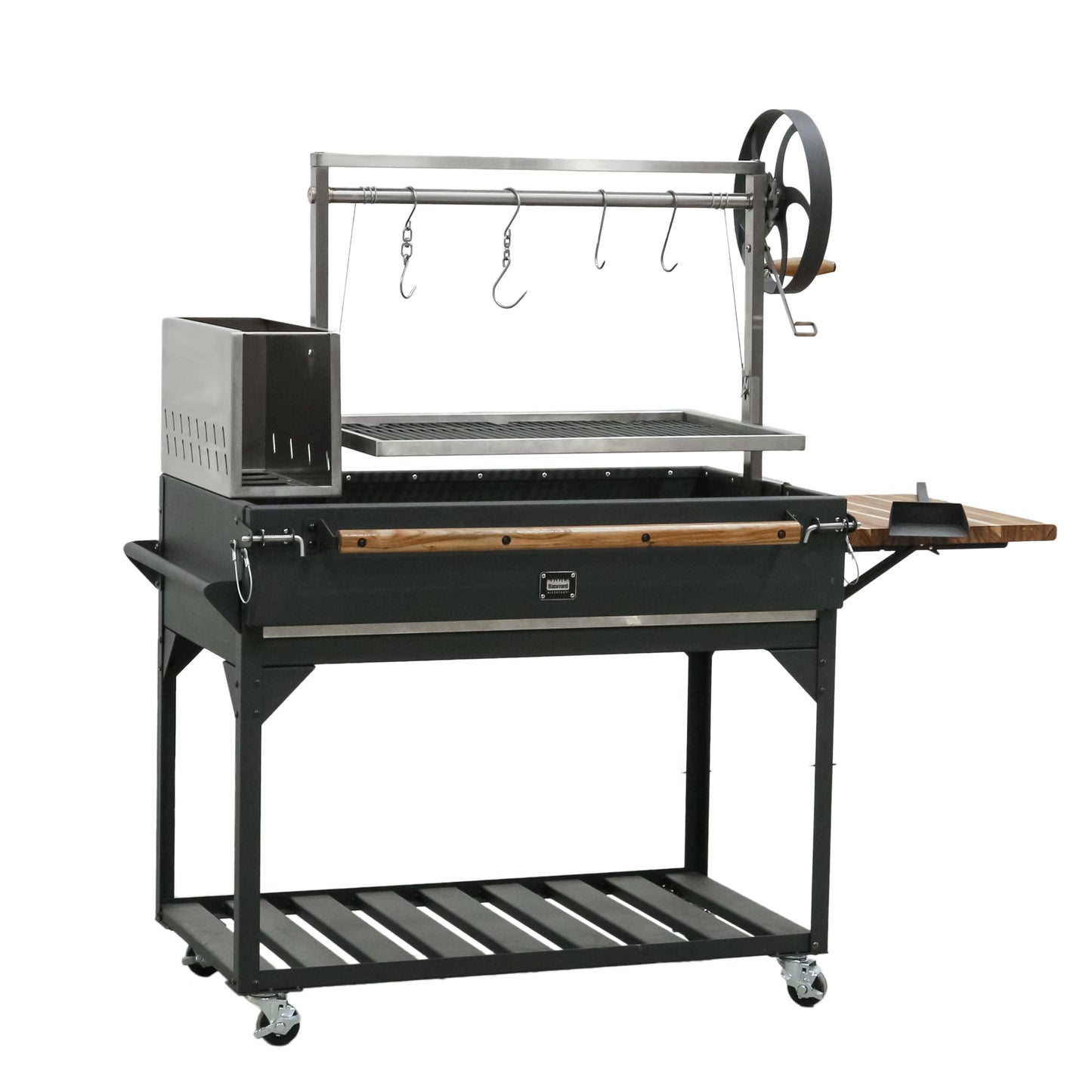 Backyard Discovery Argentine Santa Maria Wood Fire & Charcoal BBQ Grill with Brasero, Adjustable Grill Grates, Fire Bricks, Heavy-Duty Steel, S-Hooks, Acacia Wood Table for Outdoor Gaucho Grilling