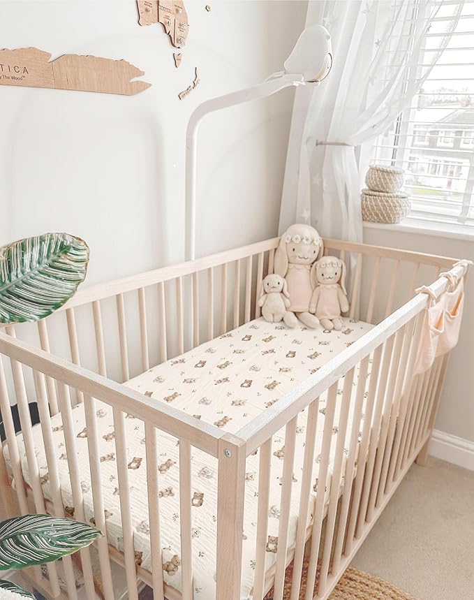 Crib Sheets for Baby Boy Girl 2 Pack, Fitted Crib Mattress Sheet 28" x 52", Muslin Toddler Bedding with Neutral Style, Nursery Bedding Essentials (Teddy & Friends)