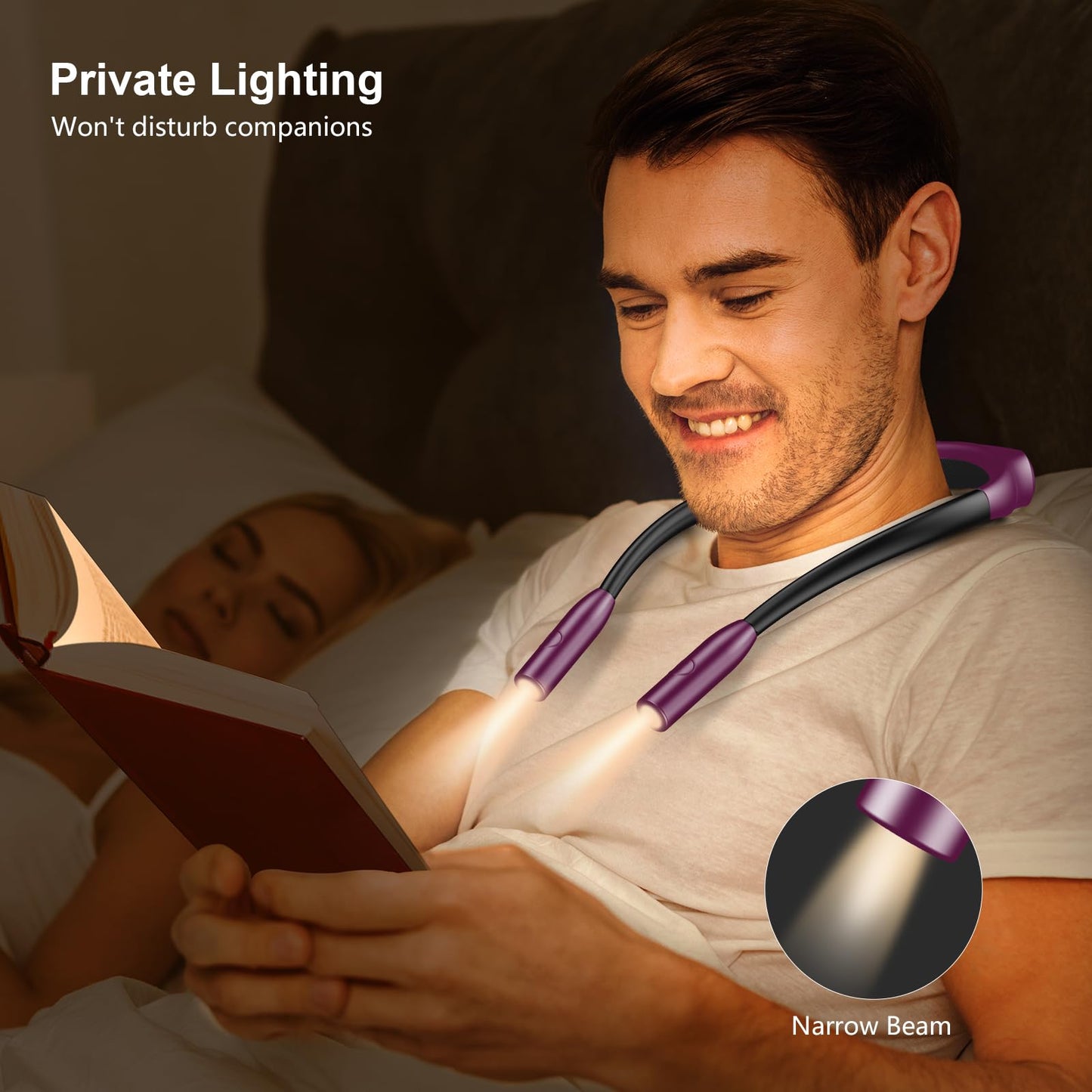 Gritin LED Neck Reading Light,Book Light for Reading in Bed-Eye Caring 3 Colors, Dimmable Brightness, Bendable Arms, 80+Hrs Runtime, Neck Round Design, Lightweight for Crafting, Knitting-Night Violet