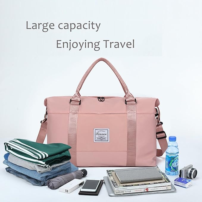 KARRESLY Travel Duffel Bag for Women,Shoulder Weekender Overnight Bag Sports Gym Tote Bag,Waterproof(Light Pink) free size
